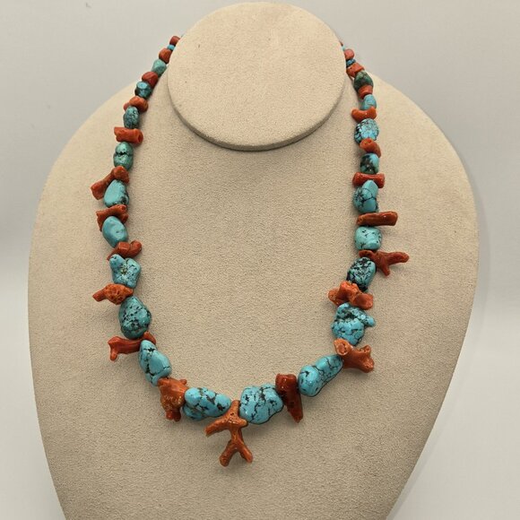 Natural Kingman Turquoise Nugget with Coral Necklace - Picture 1 of 5